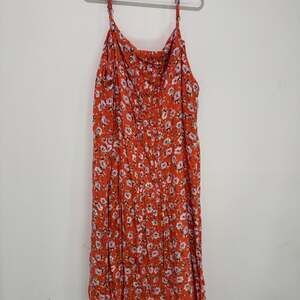 Orange Floral Midi Dress with White Flowers size M